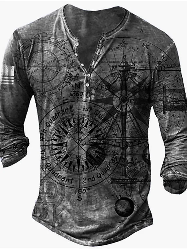 3D Vertigo Print Men's Henley T-Shirt - Vibrant Graphic Long Sleeve Tee