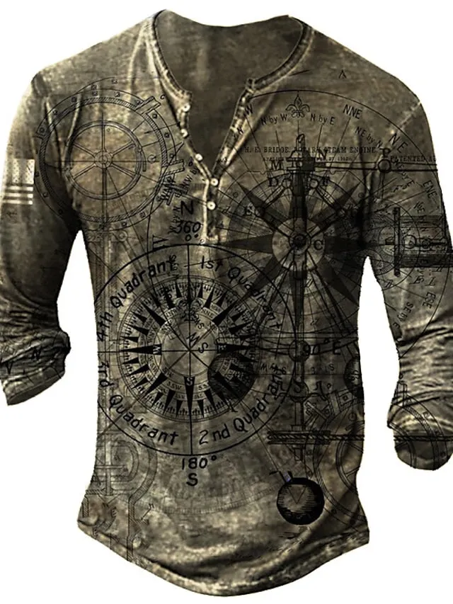 3D Vertigo Print Men's Henley T-Shirt - Vibrant Graphic Long Sleeve Tee