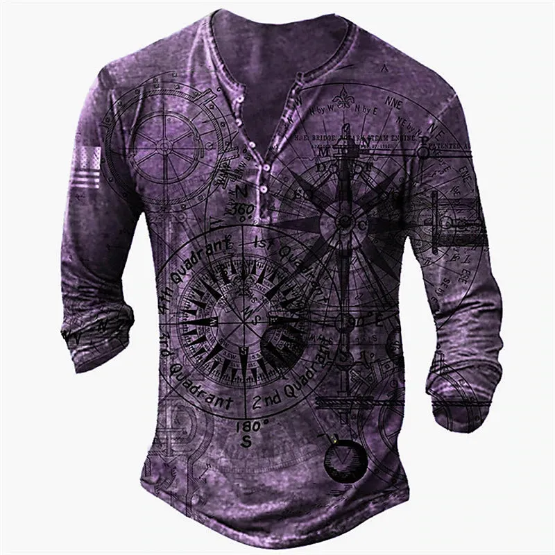 3D Vertigo Print Men's Henley T-Shirt - Vibrant Graphic Long Sleeve Tee