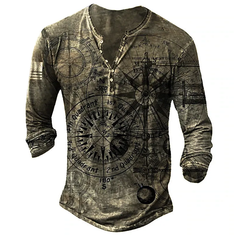 3D Vertigo Print Men's Henley T-Shirt - Vibrant Graphic Long Sleeve Tee