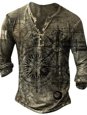 3D Vertigo Print Men's Henley T-Shirt - Vibrant Graphic Long Sleeve Tee
