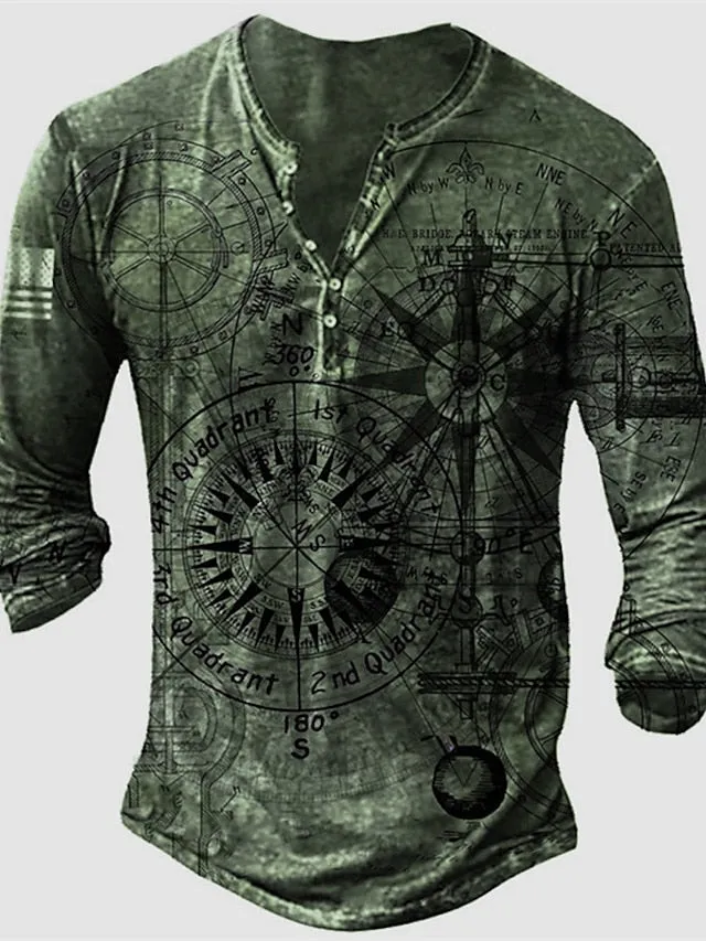 3D Vertigo Print Men's Henley T-Shirt - Vibrant Graphic Long Sleeve Tee