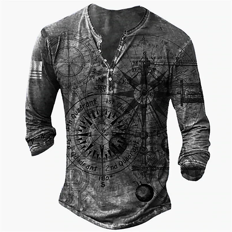 3D Vertigo Print Men's Henley T-Shirt - Vibrant Graphic Long Sleeve Tee
