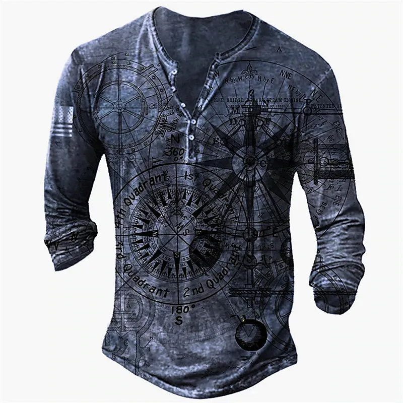 3D Vertigo Print Men's Henley T-Shirt - Vibrant Graphic Long Sleeve Tee