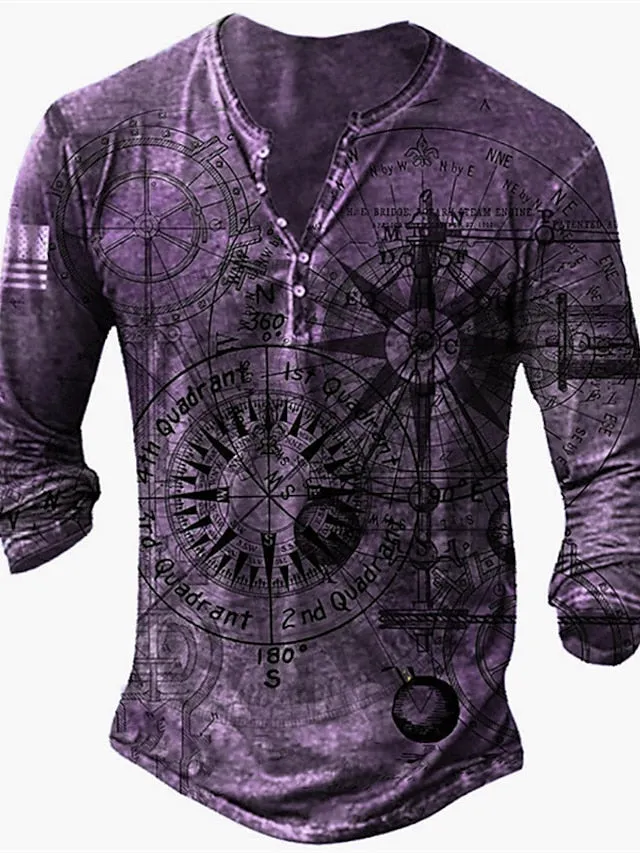 3D Vertigo Print Men's Henley T-Shirt - Vibrant Graphic Long Sleeve Tee