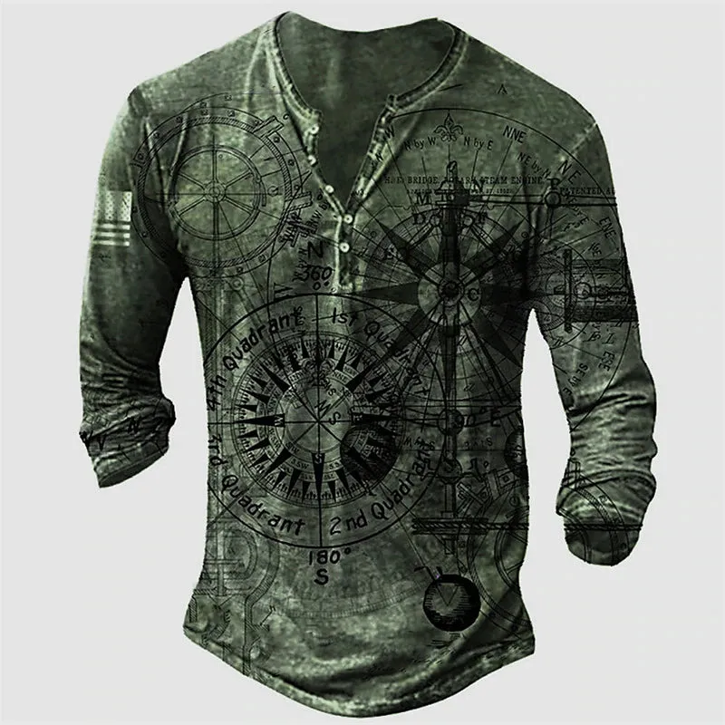 3D Vertigo Print Men's Henley T-Shirt - Vibrant Graphic Long Sleeve Tee