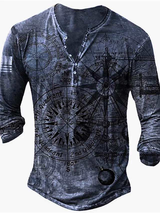 3D Vertigo Print Men's Henley T-Shirt - Vibrant Graphic Long Sleeve Tee