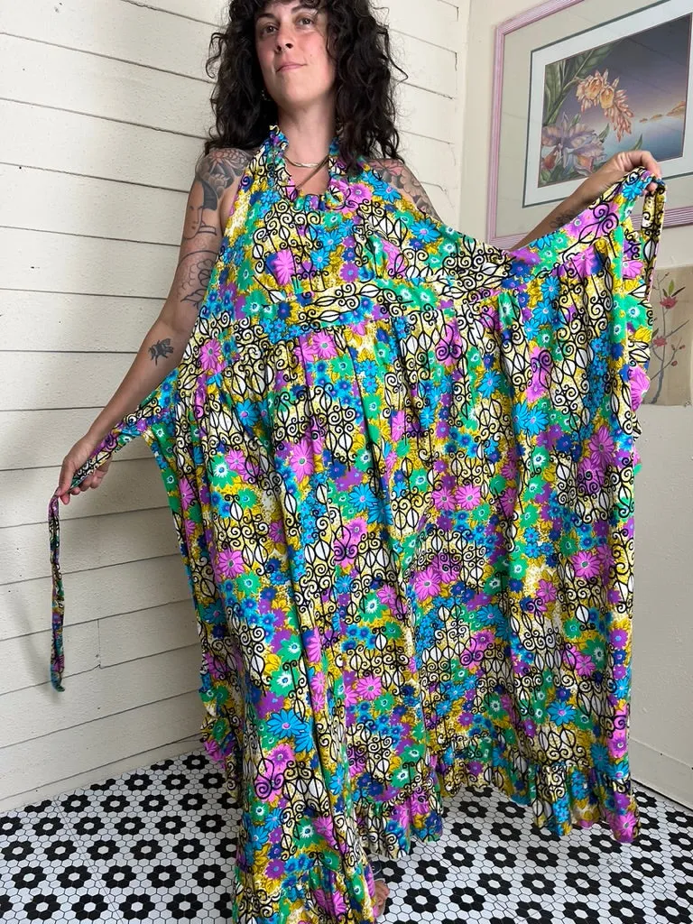 60s PSYCHEDELIC BARKCLOTH HALTER WRAP DRESS (xs-large)
