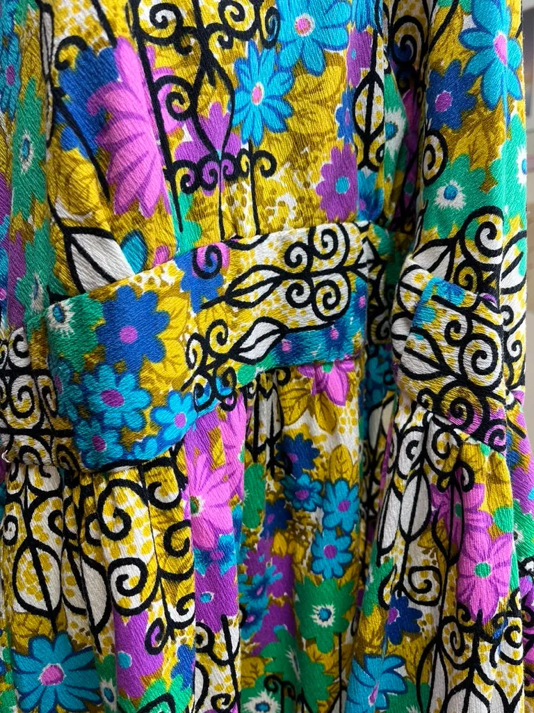 60s PSYCHEDELIC BARKCLOTH HALTER WRAP DRESS (xs-large)