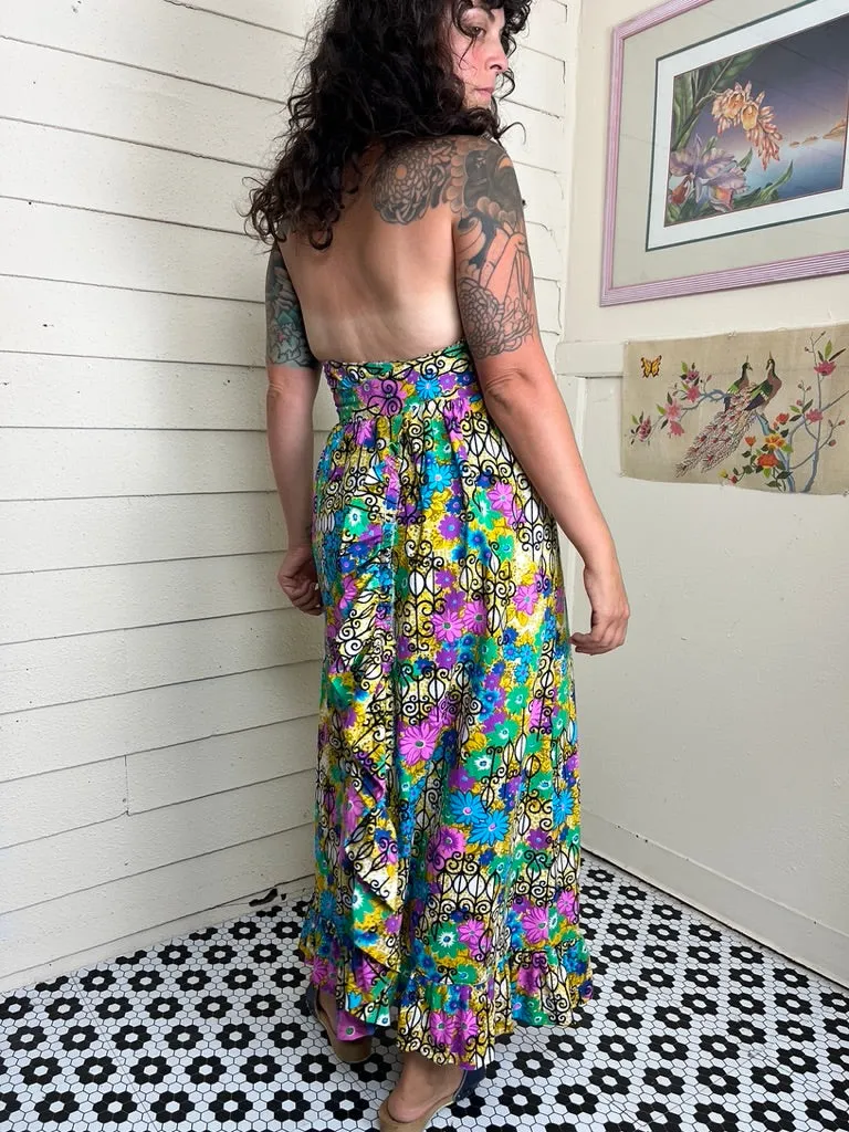 60s PSYCHEDELIC BARKCLOTH HALTER WRAP DRESS (xs-large)