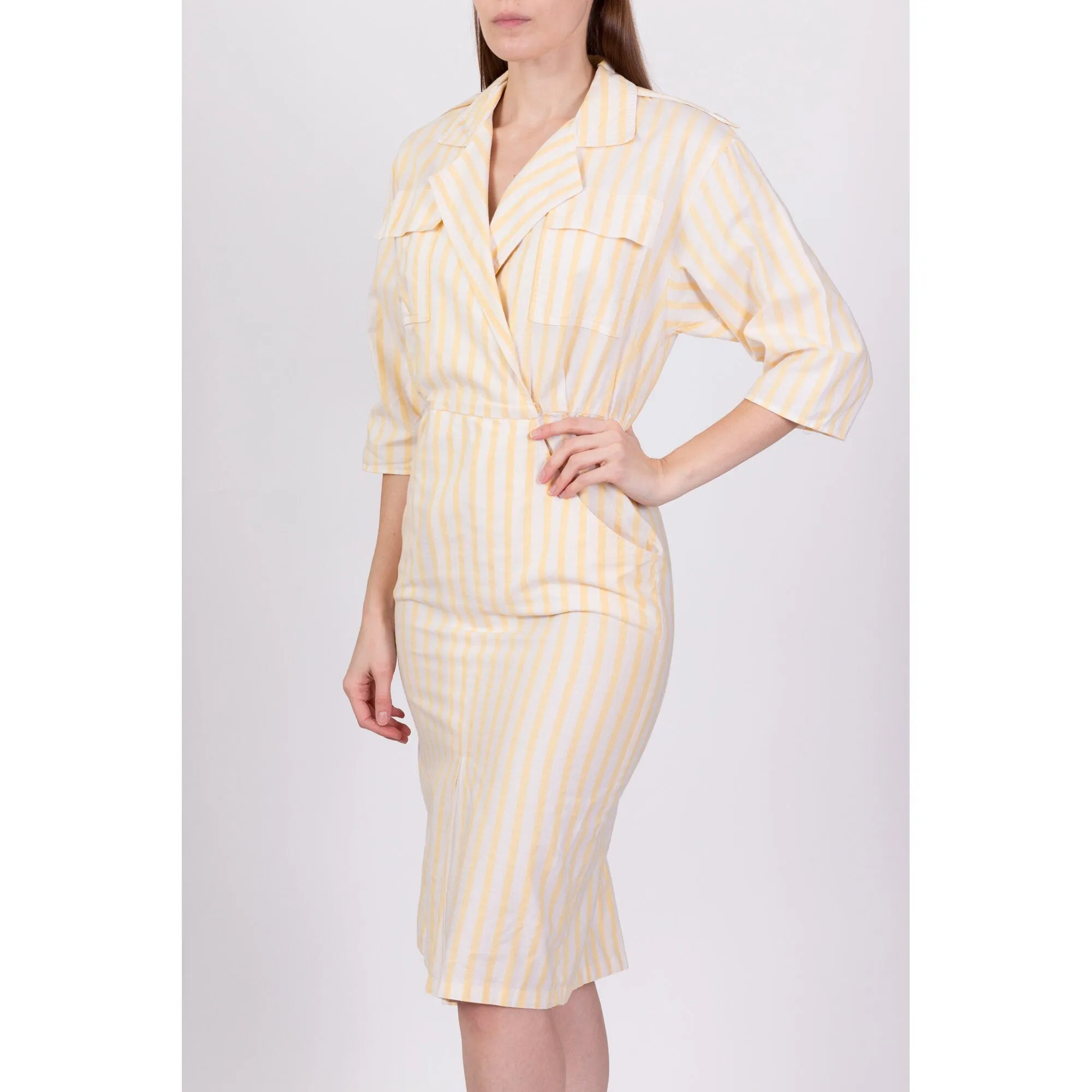80s Yellow & White Striped Shirtdress - Small
