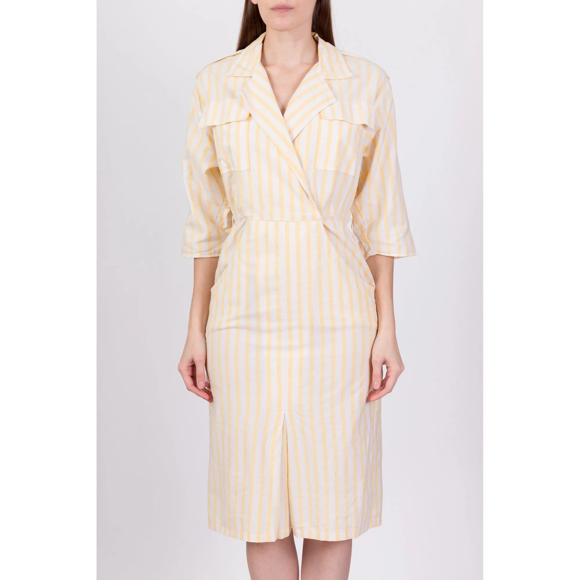 80s Yellow & White Striped Shirtdress - Small