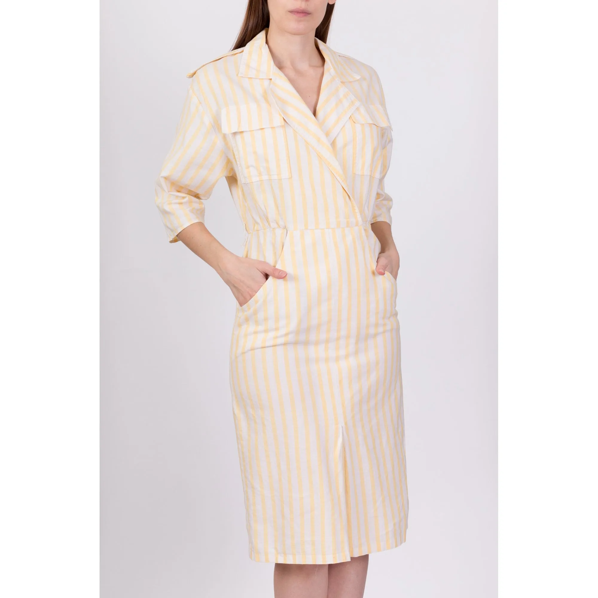 80s Yellow & White Striped Shirtdress - Small
