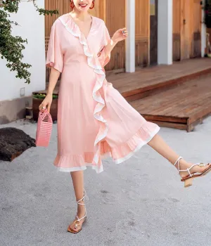 8GIRLS DESIGN RUFFLE WRAP MIDI DRESS IN PINK