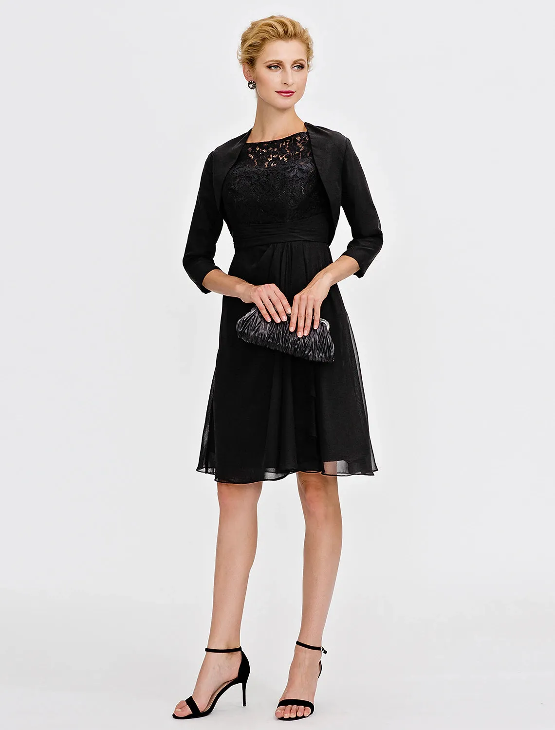 A-Line Mother of the Bride Dress Formal Little Black Dress Convertible Dress Wrap Included Illusion Neck Knee Length Chiffon Satin Lace 3/4 Length Sleeve yes with Sash / Ribbon Pleats