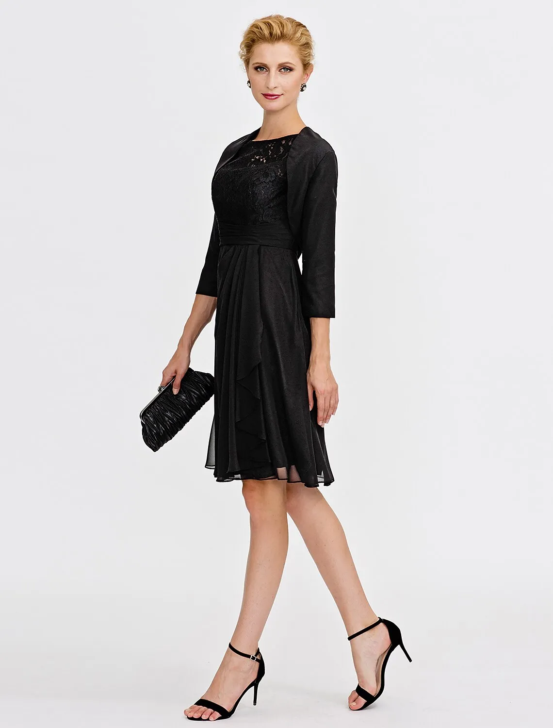 A-Line Mother of the Bride Dress Formal Little Black Dress Convertible Dress Wrap Included Illusion Neck Knee Length Chiffon Satin Lace 3/4 Length Sleeve yes with Sash / Ribbon Pleats