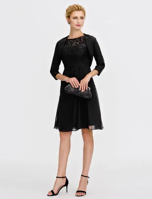A-Line Mother of the Bride Dress Formal Little Black Dress Convertible Dress Wrap Included Illusion Neck Knee Length Chiffon Satin Lace 3/4 Length Sleeve yes with Sash / Ribbon Pleats