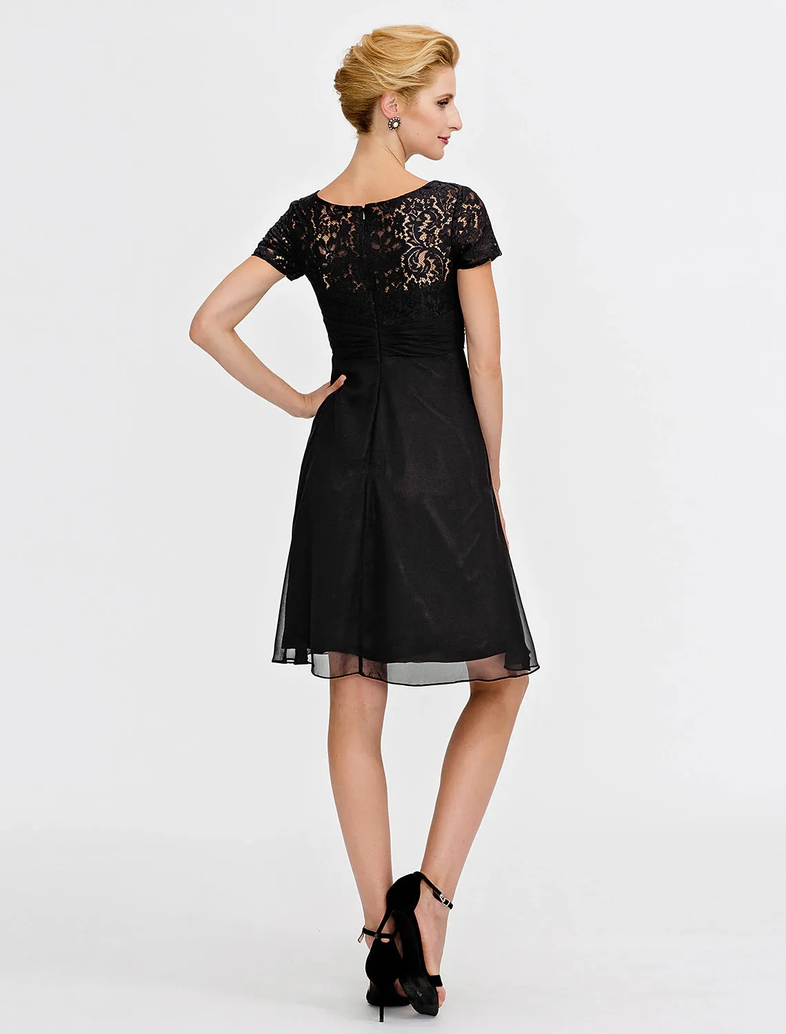 A-Line Mother of the Bride Dress Formal Little Black Dress Convertible Dress Wrap Included Illusion Neck Knee Length Chiffon Satin Lace 3/4 Length Sleeve yes with Sash / Ribbon Pleats