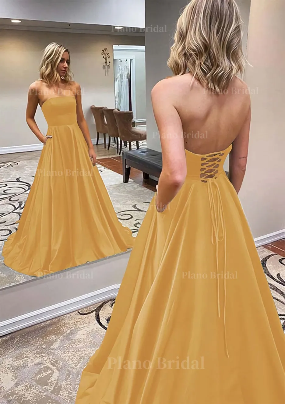 A-line Scalloped Neck Sweep Train Satin Prom Dress With Pockets