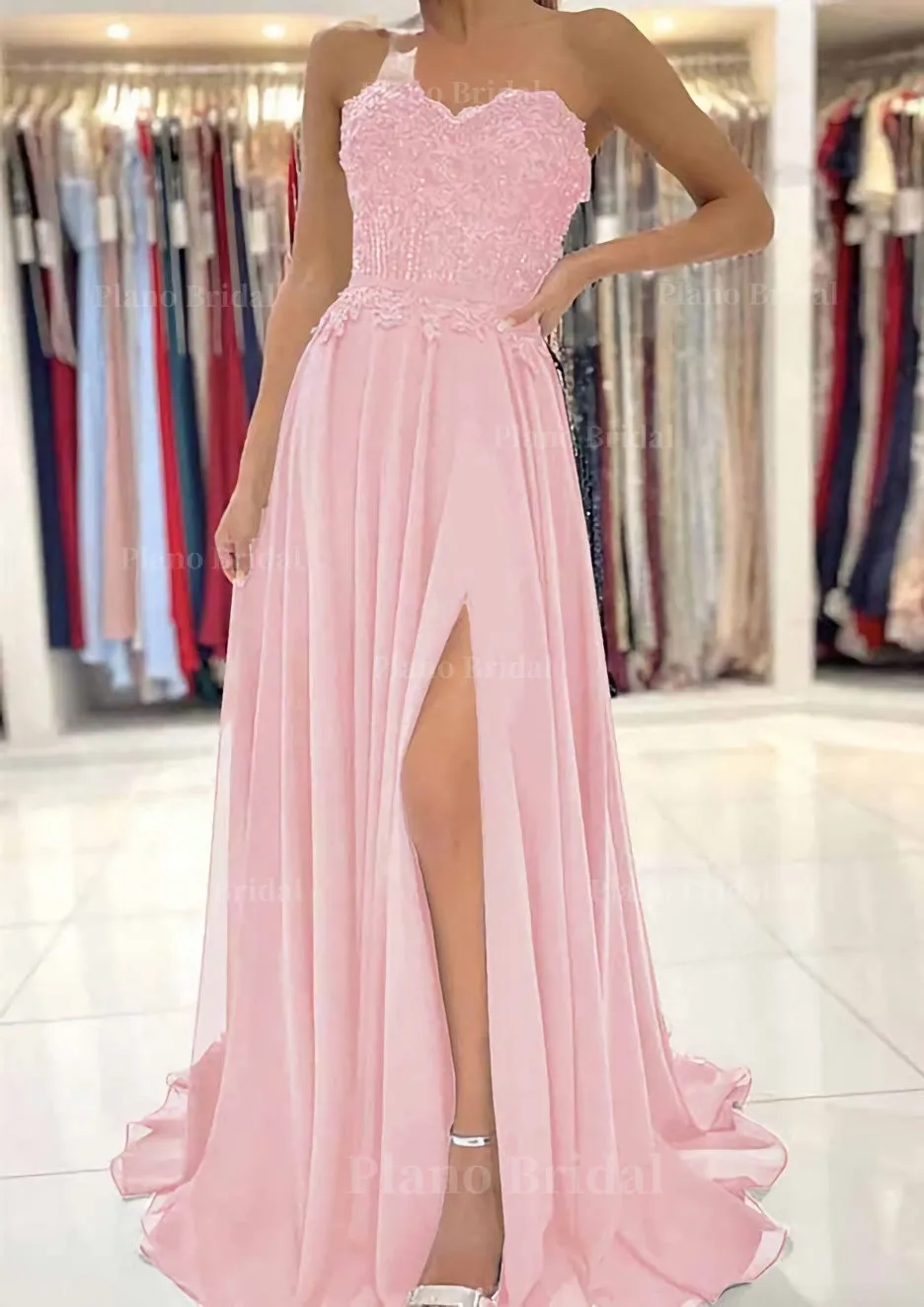 A-line Sweetheart Sweep Train Chiffon Prom Dress With Lace Beading Split