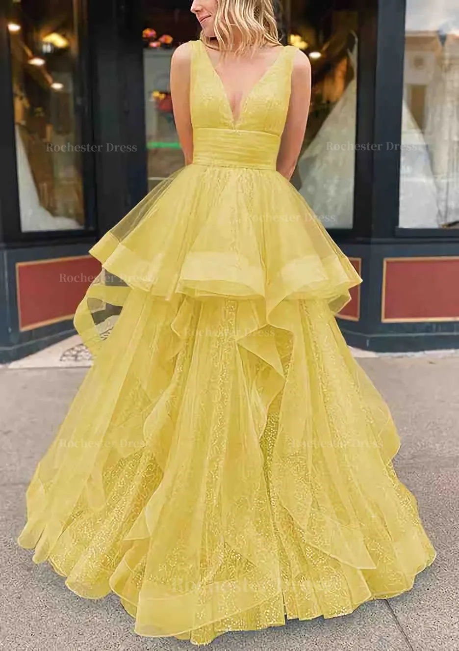 A-line V Neck Sleeveless Long/Floor-Length Tulle Glitter Prom Dress With Pleated
