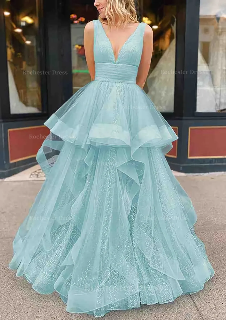A-line V Neck Sleeveless Long/Floor-Length Tulle Glitter Prom Dress With Pleated