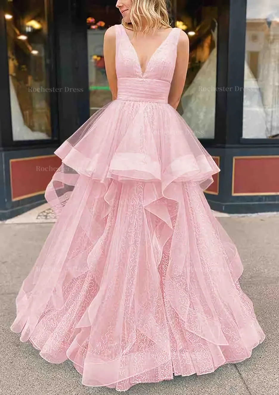 A-line V Neck Sleeveless Long/Floor-Length Tulle Glitter Prom Dress With Pleated