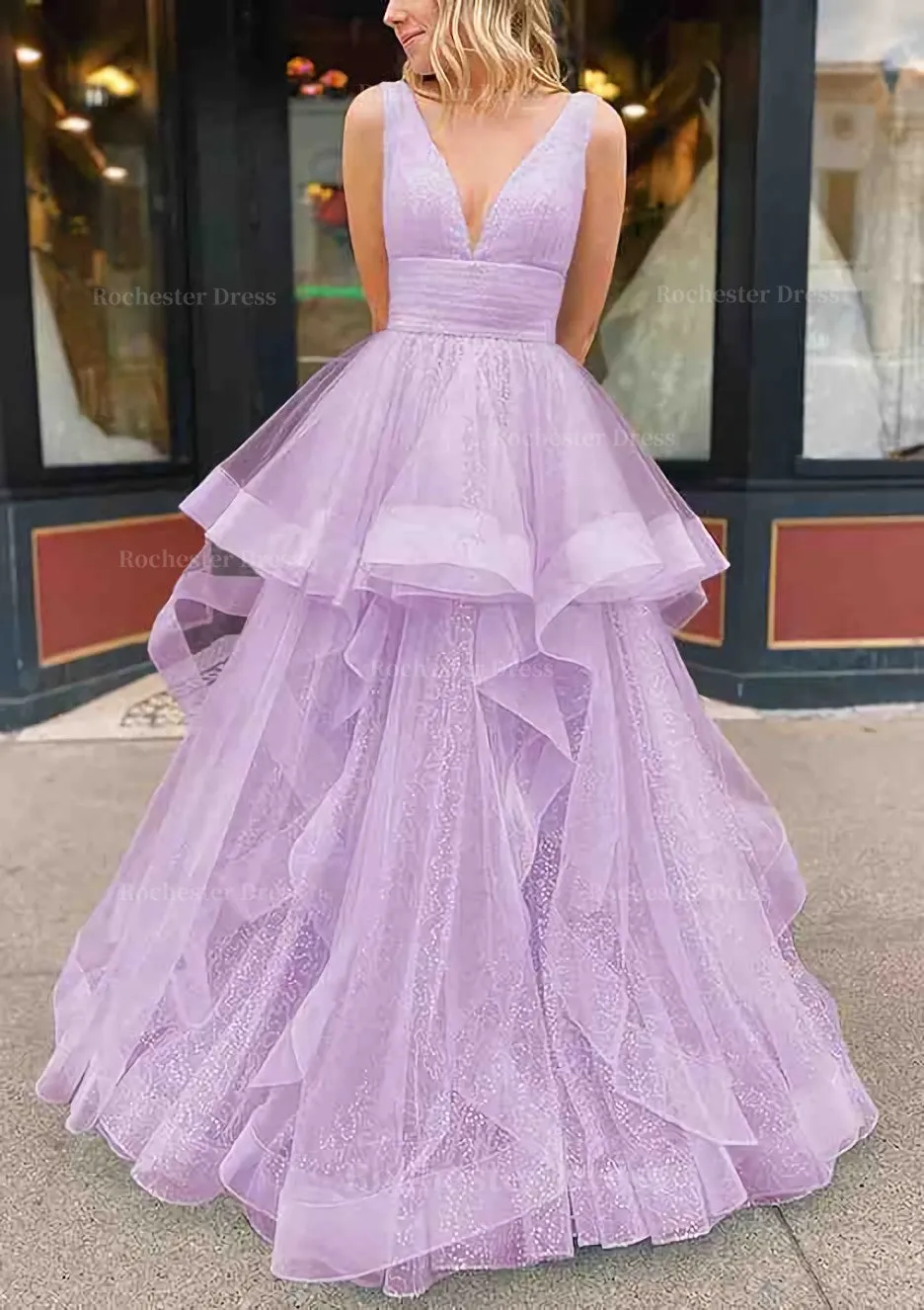 A-line V Neck Sleeveless Long/Floor-Length Tulle Glitter Prom Dress With Pleated