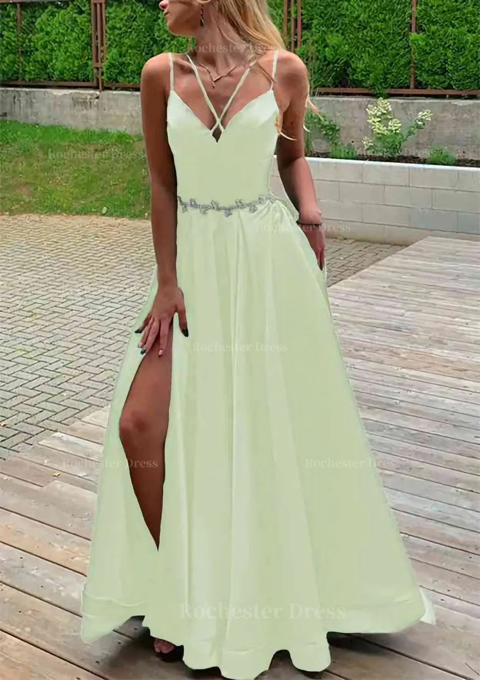 A-line V Neck Sleeveless Satin Sweep Train Prom Dress With Pockets Waistband Split