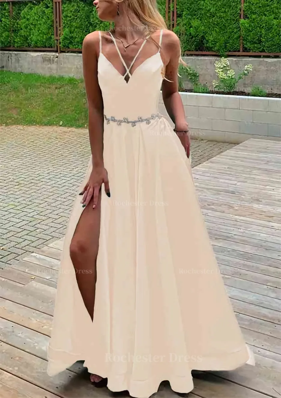 A-line V Neck Sleeveless Satin Sweep Train Prom Dress With Pockets Waistband Split