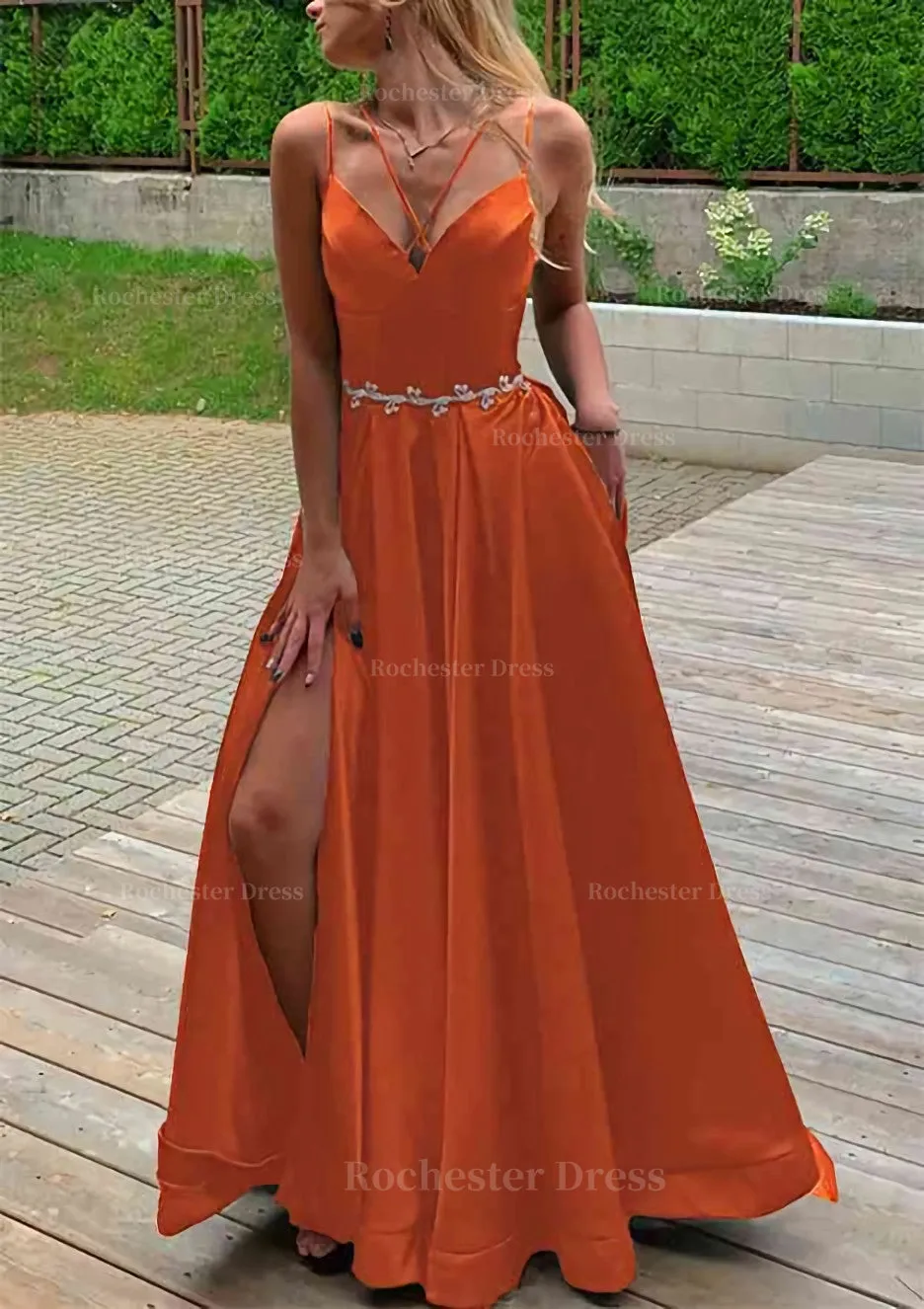 A-line V Neck Sleeveless Satin Sweep Train Prom Dress With Pockets Waistband Split