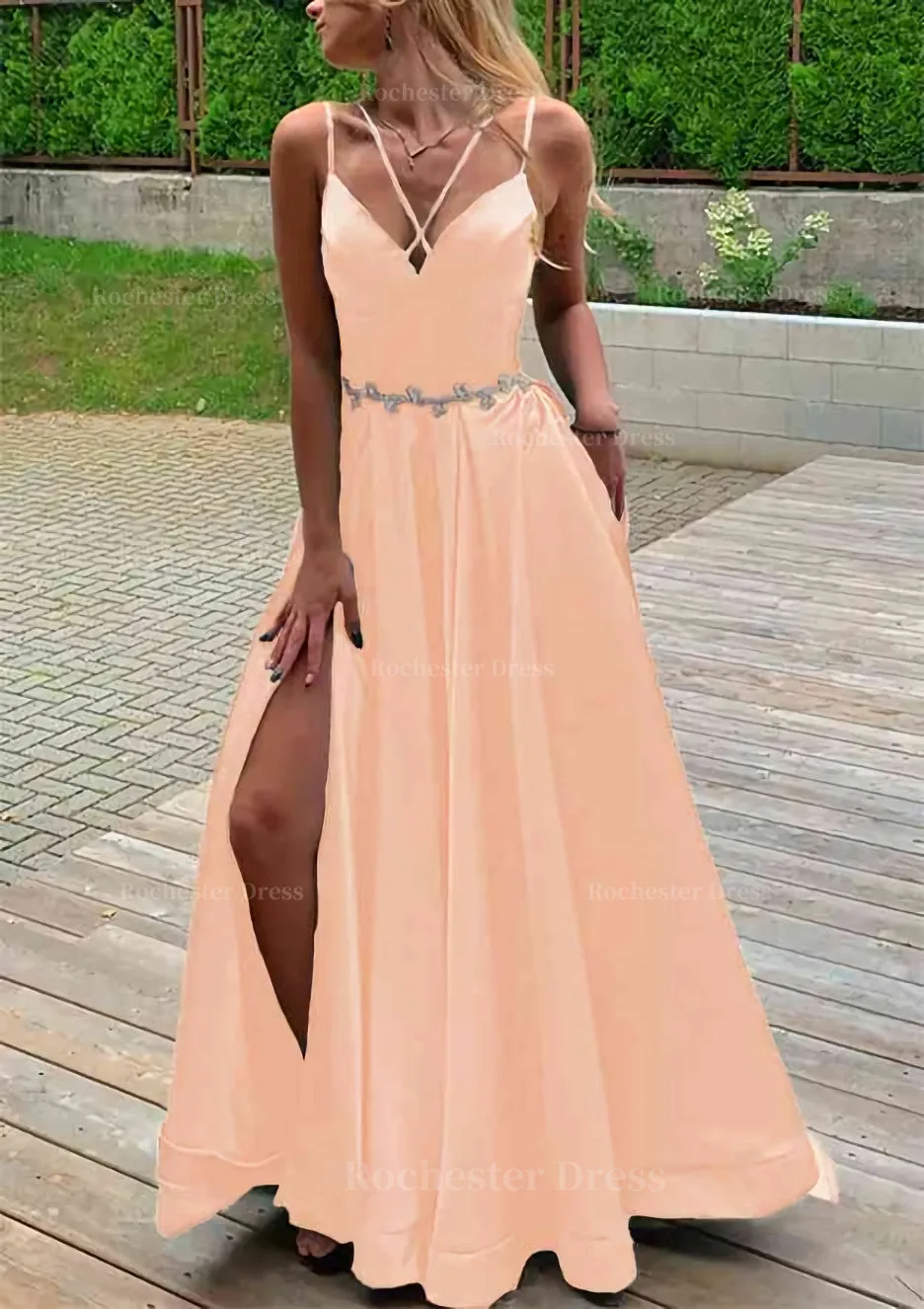 A-line V Neck Sleeveless Satin Sweep Train Prom Dress With Pockets Waistband Split