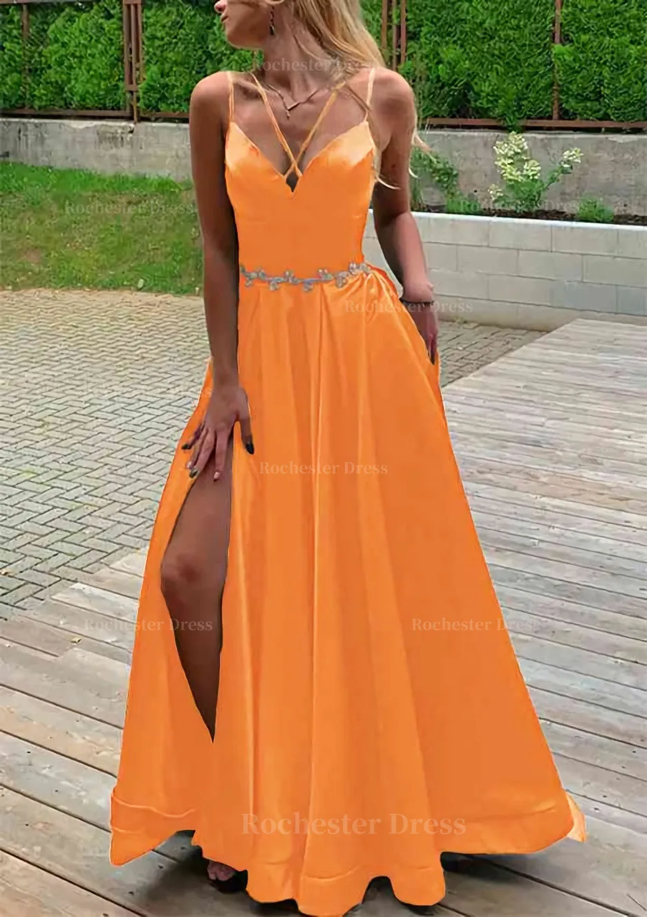 A-line V Neck Sleeveless Satin Sweep Train Prom Dress With Pockets Waistband Split