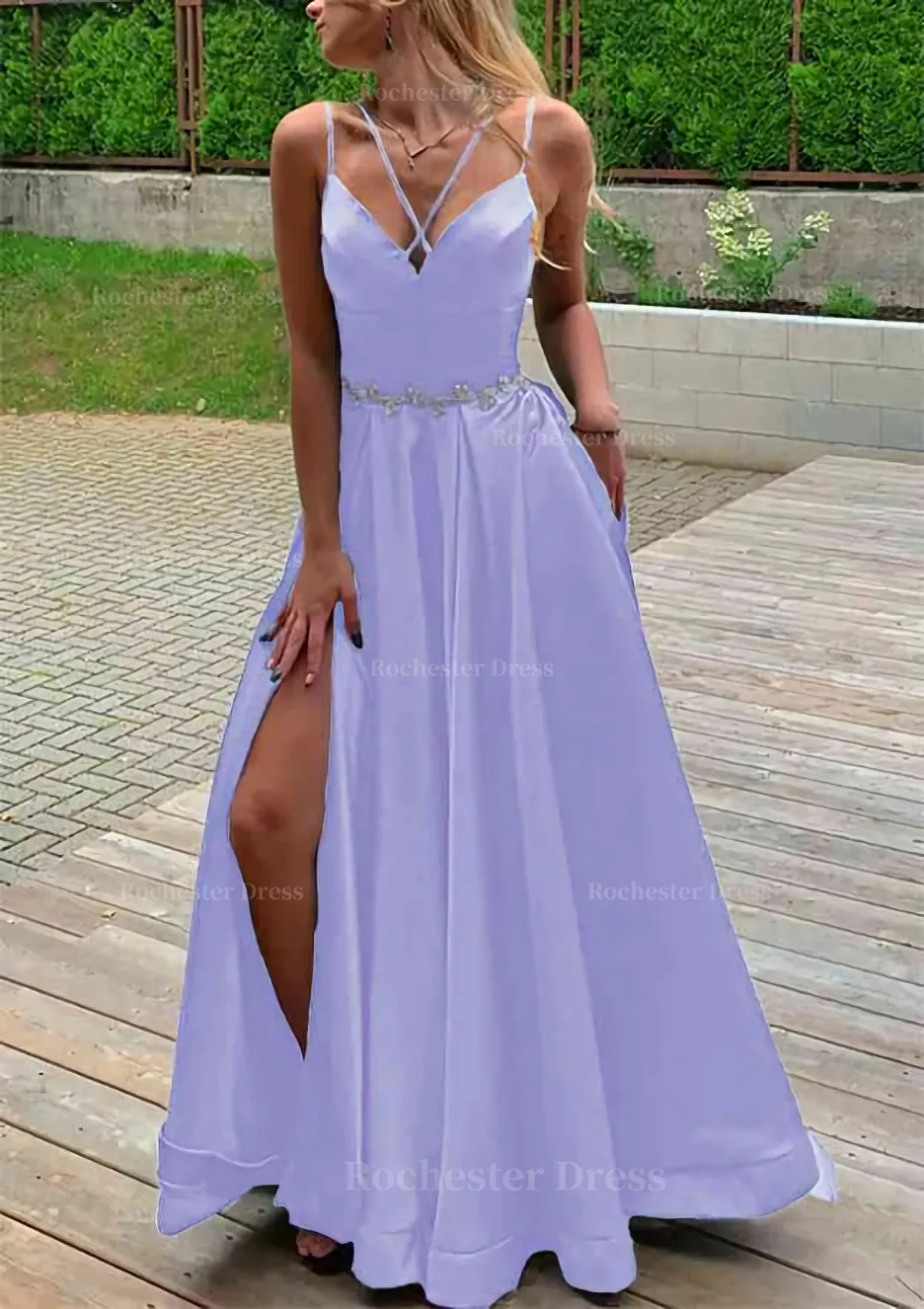 A-line V Neck Sleeveless Satin Sweep Train Prom Dress With Pockets Waistband Split