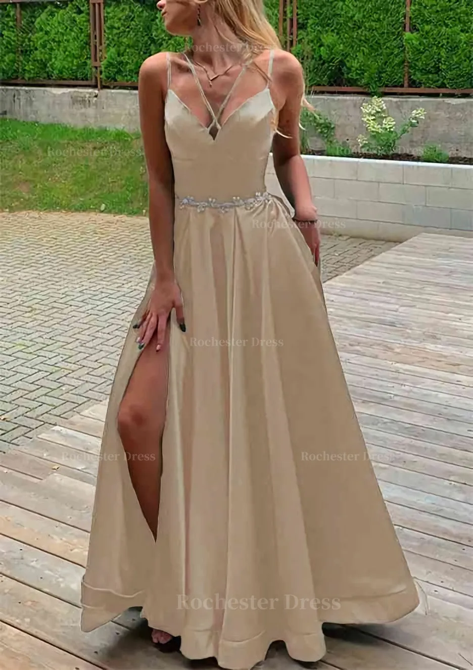 A-line V Neck Sleeveless Satin Sweep Train Prom Dress With Pockets Waistband Split