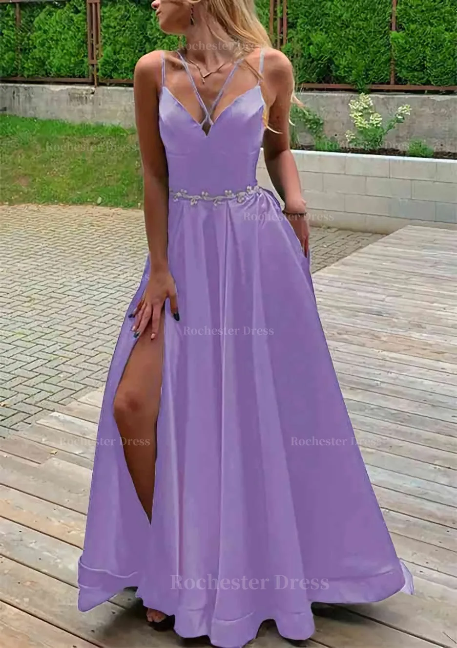 A-line V Neck Sleeveless Satin Sweep Train Prom Dress With Pockets Waistband Split