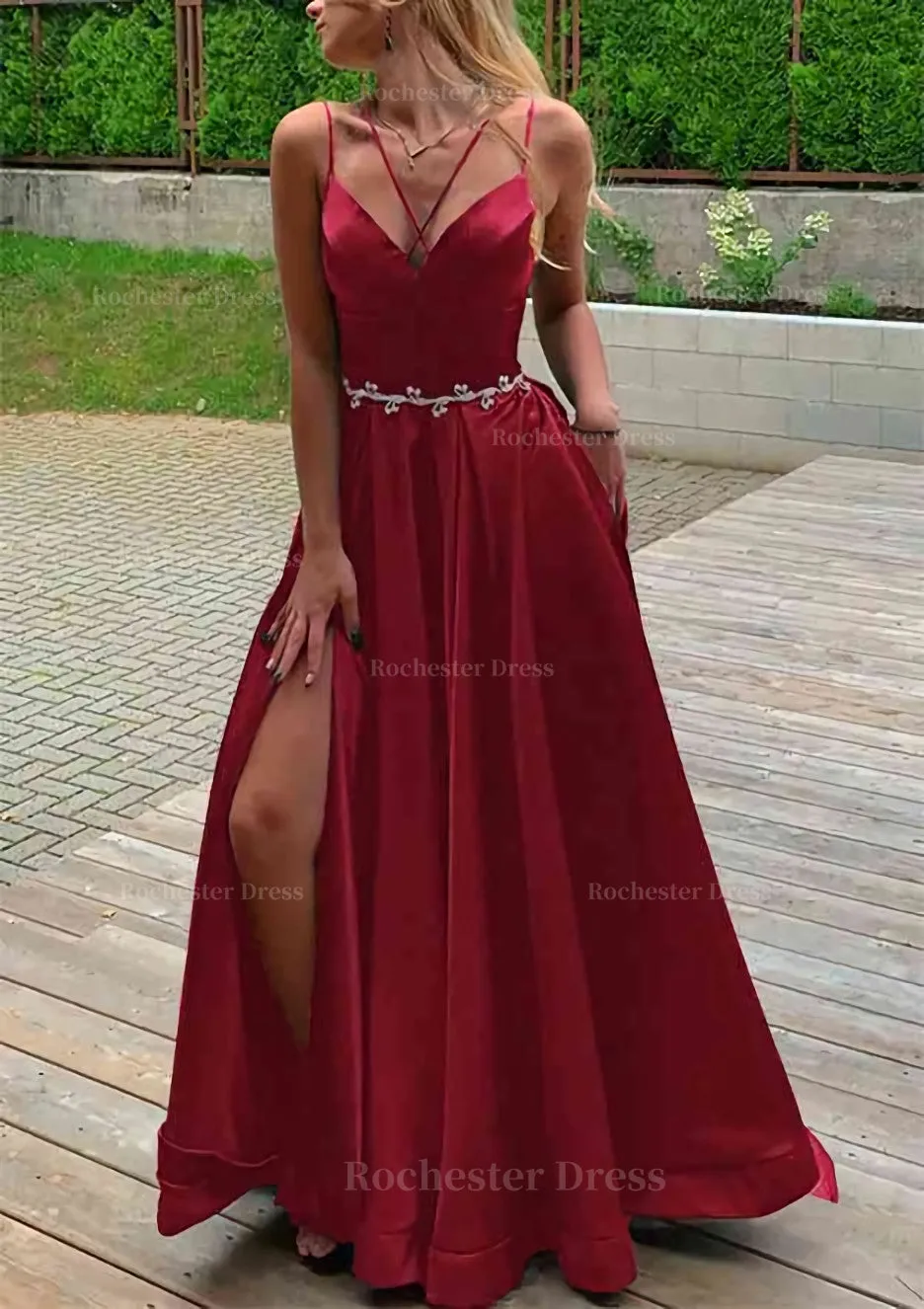 A-line V Neck Sleeveless Satin Sweep Train Prom Dress With Pockets Waistband Split