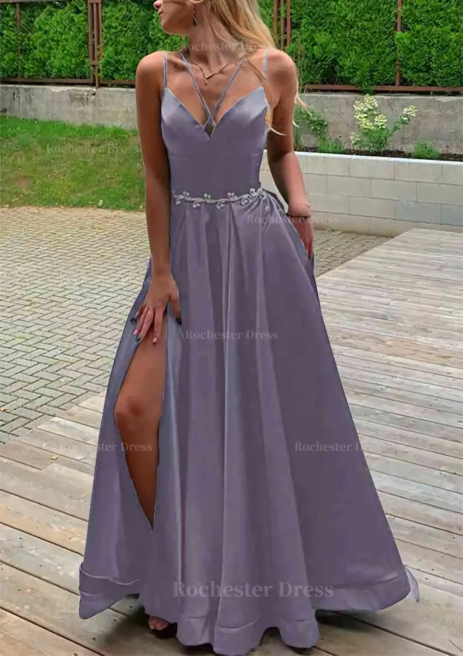 A-line V Neck Sleeveless Satin Sweep Train Prom Dress With Pockets Waistband Split