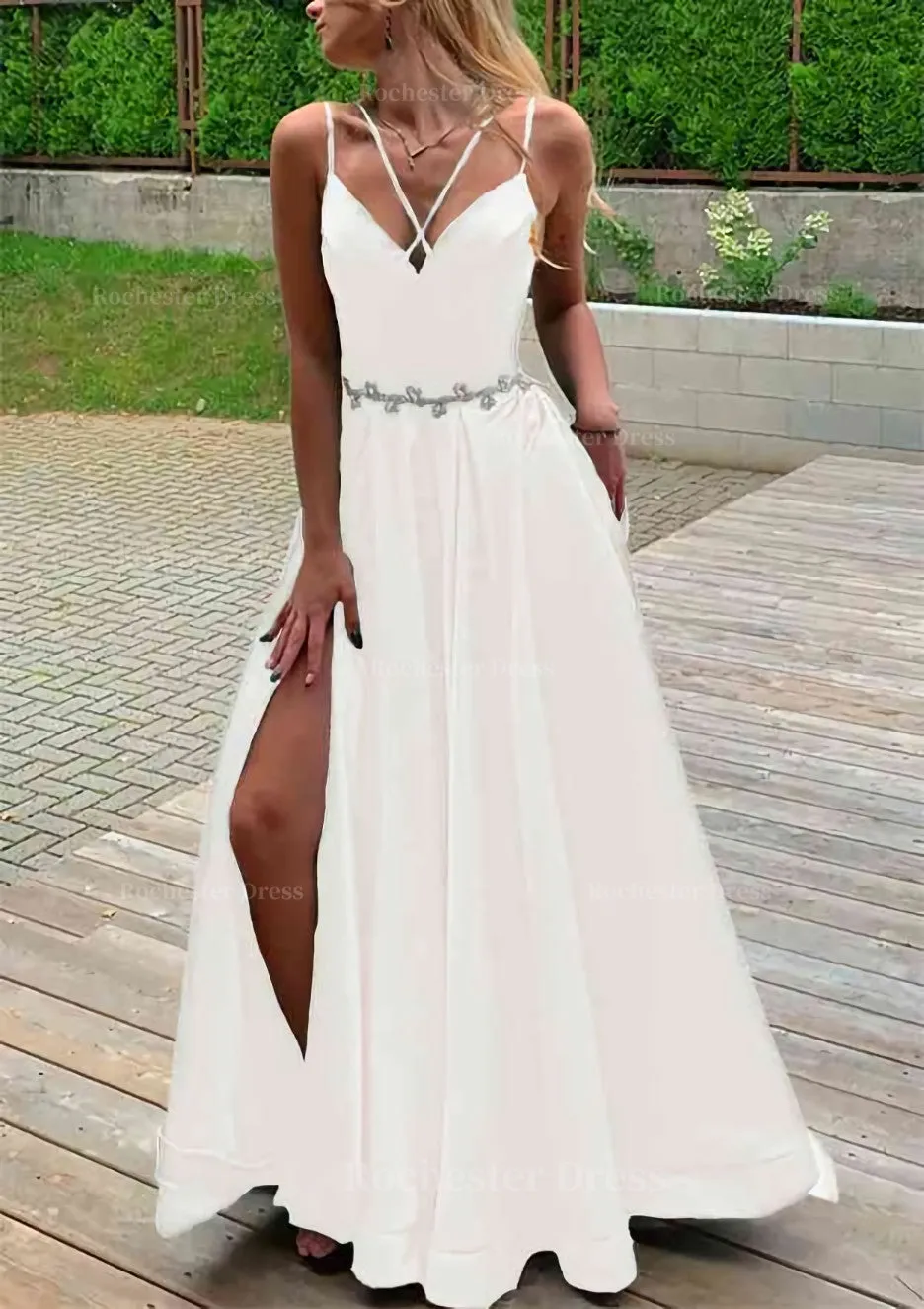 A-line V Neck Sleeveless Satin Sweep Train Prom Dress With Pockets Waistband Split