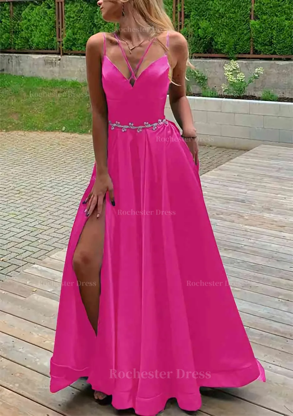 A-line V Neck Sleeveless Satin Sweep Train Prom Dress With Pockets Waistband Split