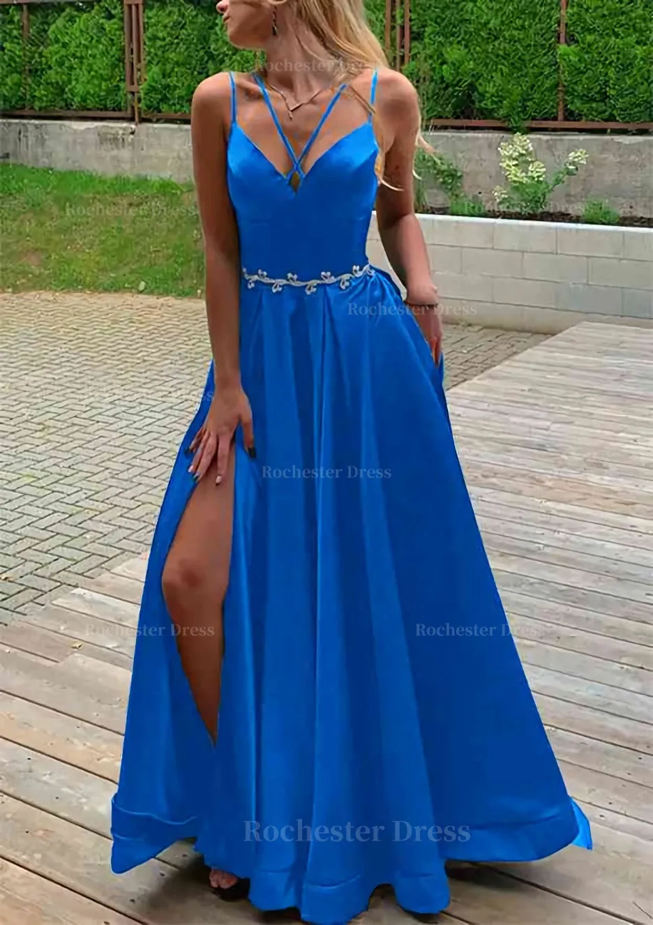 A-line V Neck Sleeveless Satin Sweep Train Prom Dress With Pockets Waistband Split