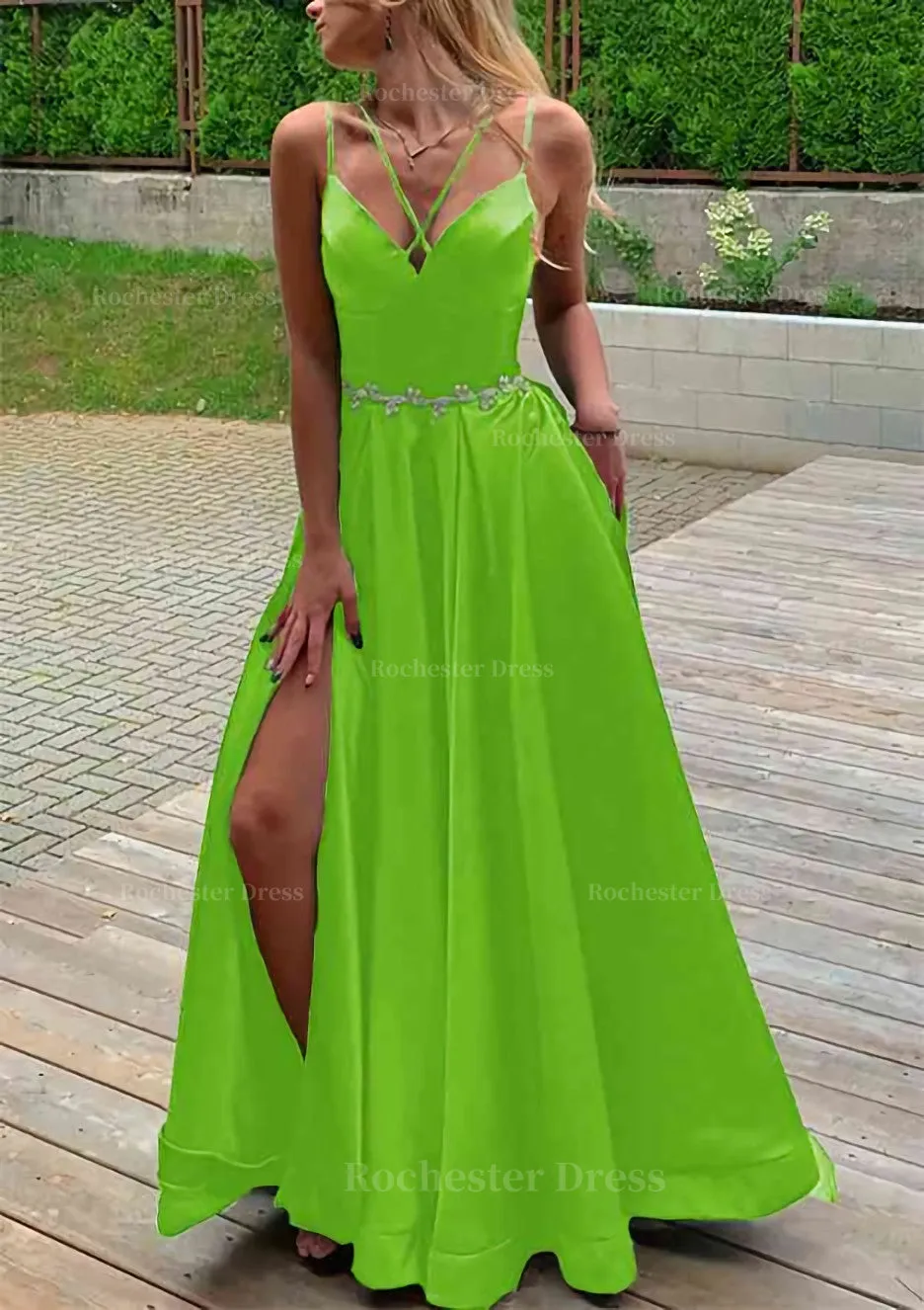 A-line V Neck Sleeveless Satin Sweep Train Prom Dress With Pockets Waistband Split