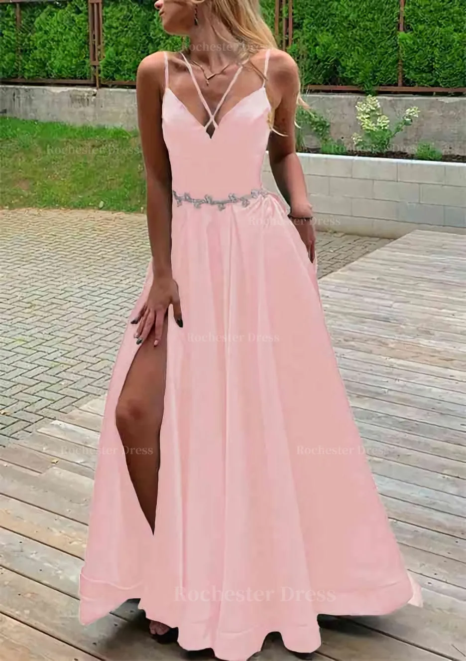 A-line V Neck Sleeveless Satin Sweep Train Prom Dress With Pockets Waistband Split