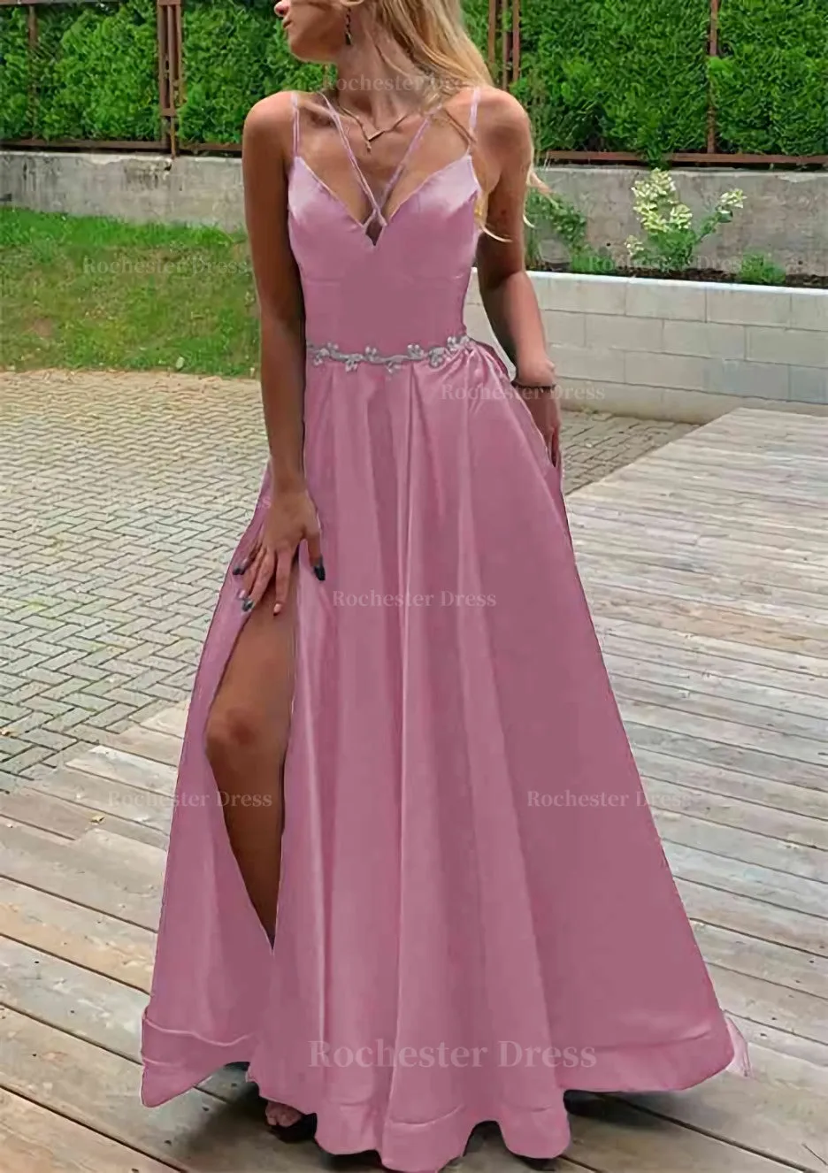 A-line V Neck Sleeveless Satin Sweep Train Prom Dress With Pockets Waistband Split