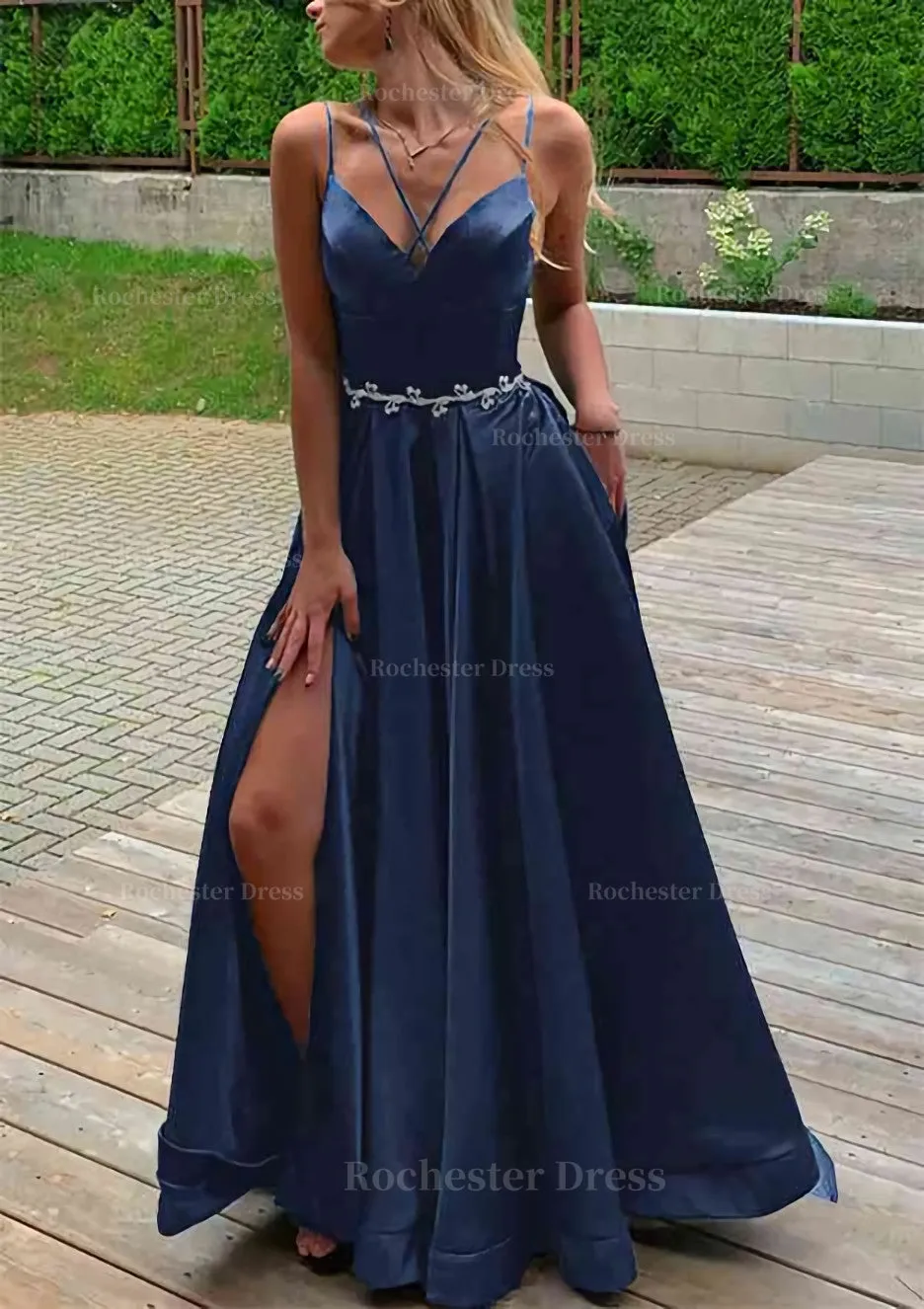 A-line V Neck Sleeveless Satin Sweep Train Prom Dress With Pockets Waistband Split