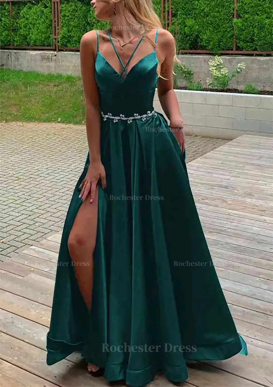A-line V Neck Sleeveless Satin Sweep Train Prom Dress With Pockets Waistband Split