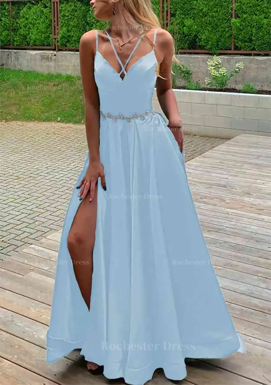 A-line V Neck Sleeveless Satin Sweep Train Prom Dress With Pockets Waistband Split