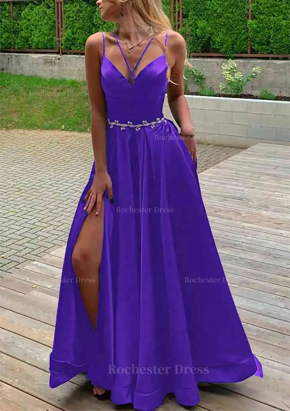 A-line V Neck Sleeveless Satin Sweep Train Prom Dress With Pockets Waistband Split