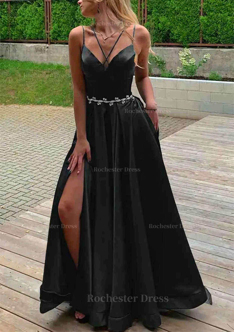 A-line V Neck Sleeveless Satin Sweep Train Prom Dress With Pockets Waistband Split
