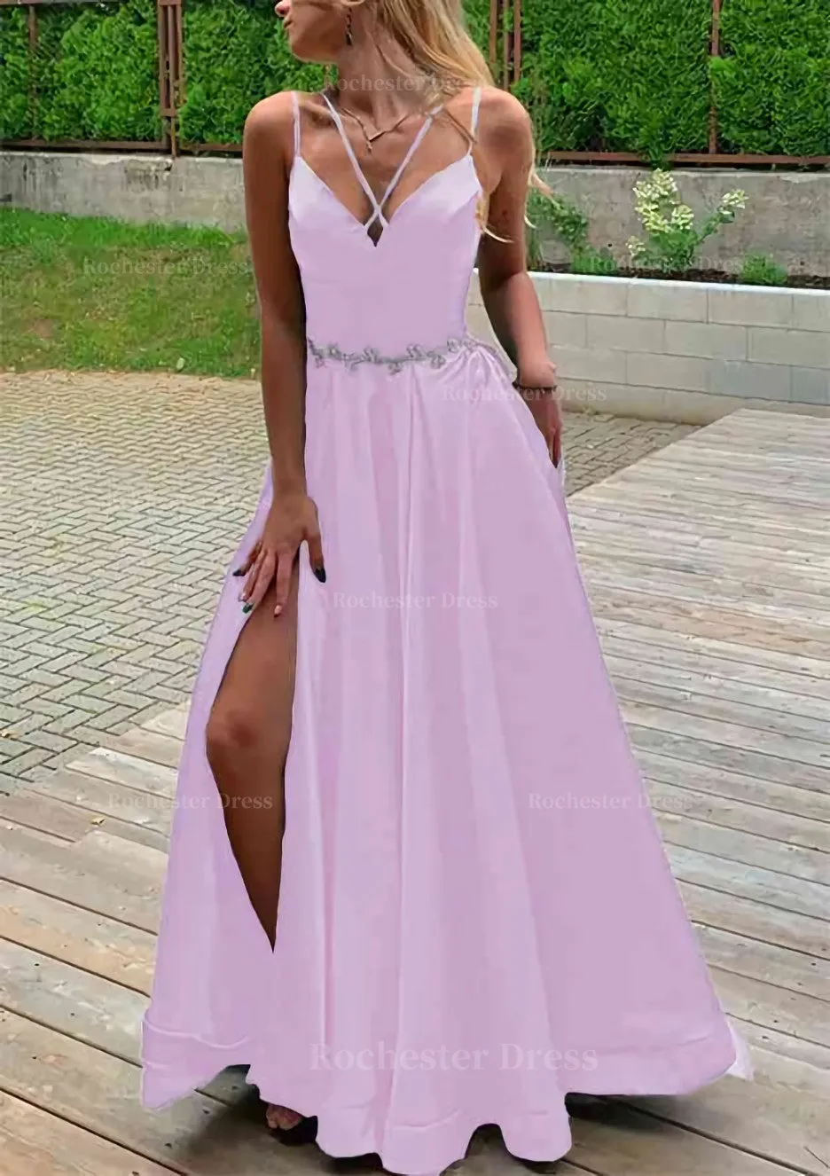 A-line V Neck Sleeveless Satin Sweep Train Prom Dress With Pockets Waistband Split